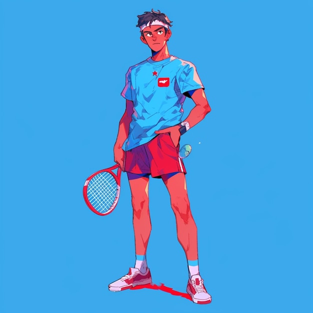 Photo cartoon of a man with a tennis racket standing on a tennis court generative ai