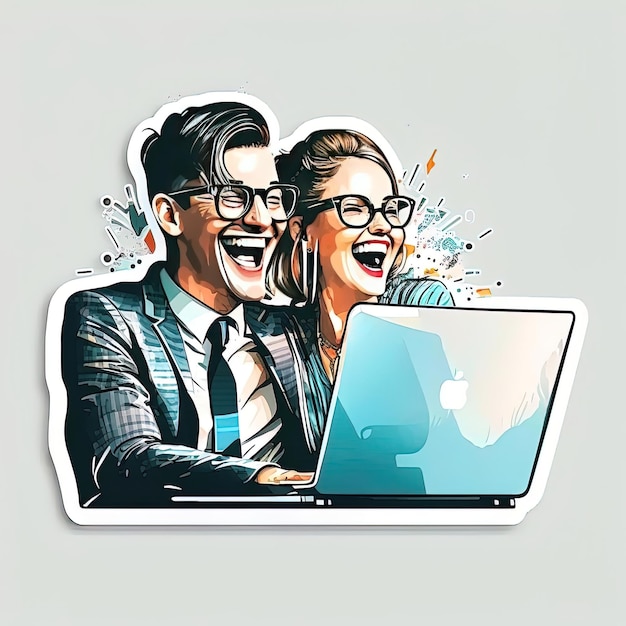 A cartoon man and woman are sitting in front of a laptop.