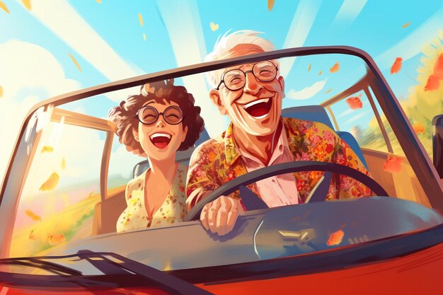 Photo a cartoon of a man and a woman driving a car with a cartoon character on the front