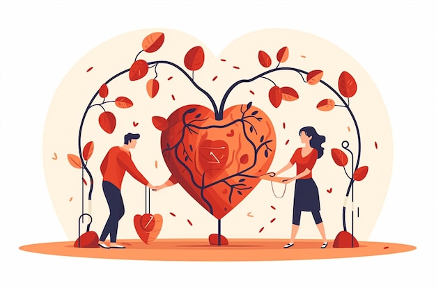 A cartoon of a man and woman holding hands around a heart shaped tree