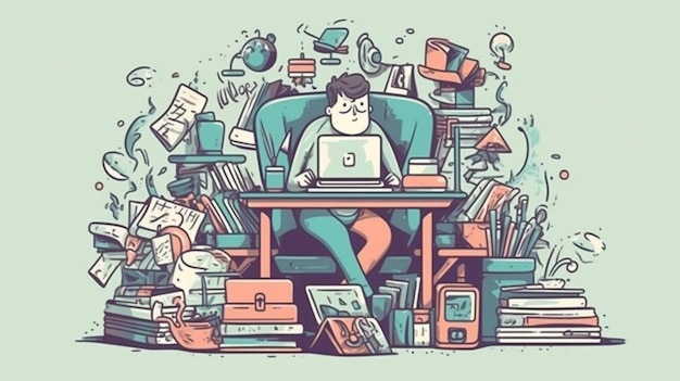 A cartoon of a man working on a laptop with a lot of stuff around him.