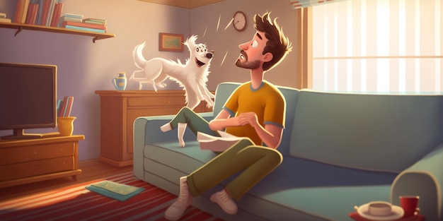 Cartoon man zit op een bank met een kat en een hond generatieve ai