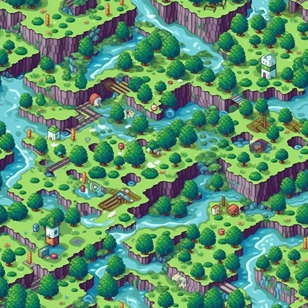 A cartoon map of a small island with a river and a bridge generative ai