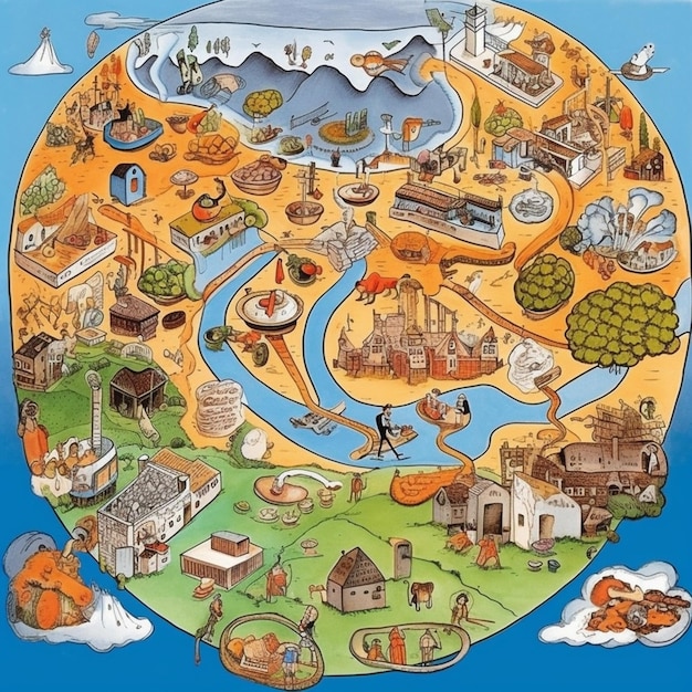 A cartoon map of a town with a river and a lot of buildings generative ai