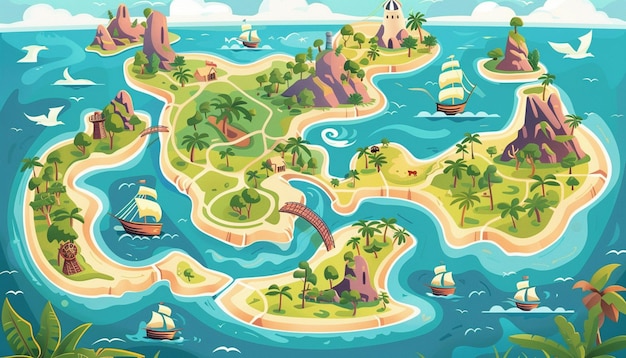 Photo a cartoon map of a tropical island with a pirate ship generative ai