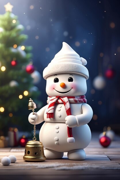 Cartoon Marshmallow character with Christmas theme A Christmas tree with a bokeh background