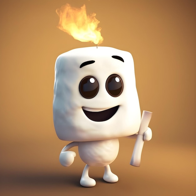 A cartoon marshmallow with fire on his face