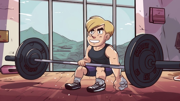 Photo a cartoon mascular man sitting on the gym39s ground with dumble