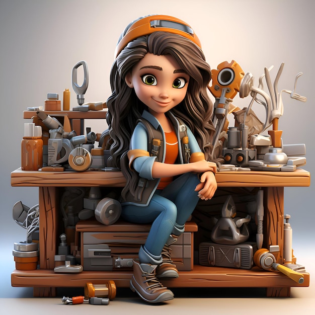 Photo cartoon mechanic girl sitting on a toolbox 3d illustration