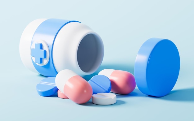 Cartoon medicine bottle and pills in the blue background 3d rendering Digital drawing