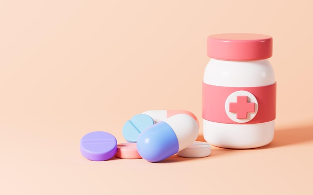 Cartoon medicine bottle and pills in the orange background 3d rendering Digital drawing