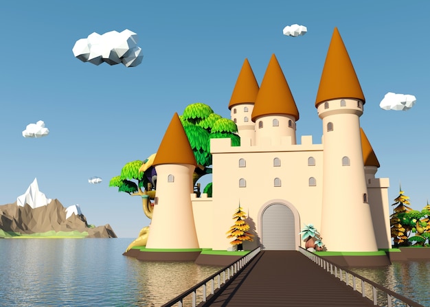 Мультяшный средневековый замок на острове с красивым пейзажем, 3D-рендеринг