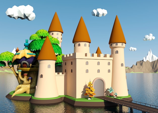 Cartoon medieval castle on island with beautiful landscape