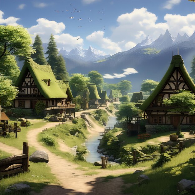 cartoon medieval town with mountain village