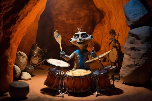 A cartoon of a meerkat playing drums