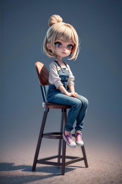 Cartoon meisje anime stijl jonge mooie schoonheid zittend op hoge kruk behang illustratie