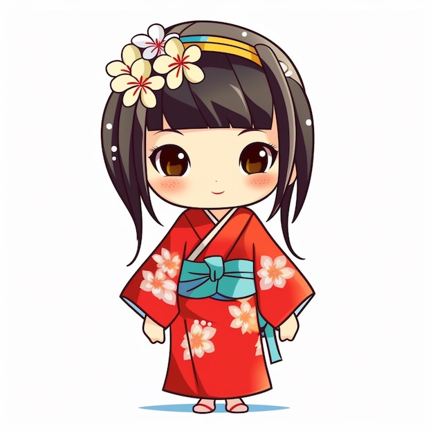 cartoon meisje in een kimono-outfit met een bloem in haar haar generatieve ai
