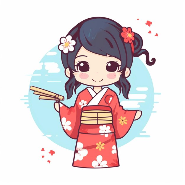 cartoon meisje in een kimono outfit met een chopstick generatieve ai