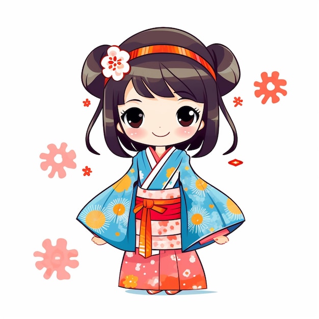 cartoon meisje in kimono-outfit met bloem in haar generatieve ai