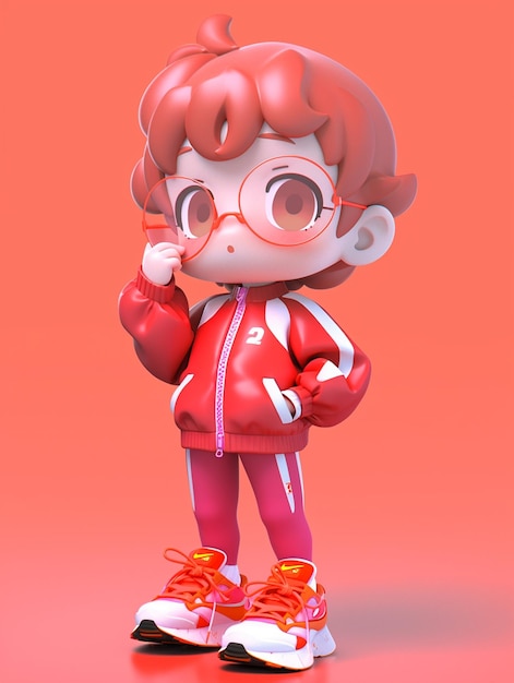 Foto cartoon meisje in rood jasje en roze broek met een rode appel generatieve ai