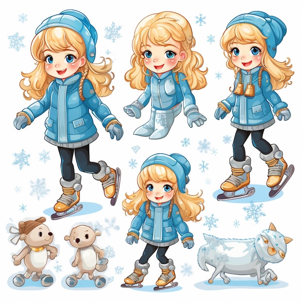 Foto cartoon meisje in winter kleding en accessoires met een hond generatieve ai