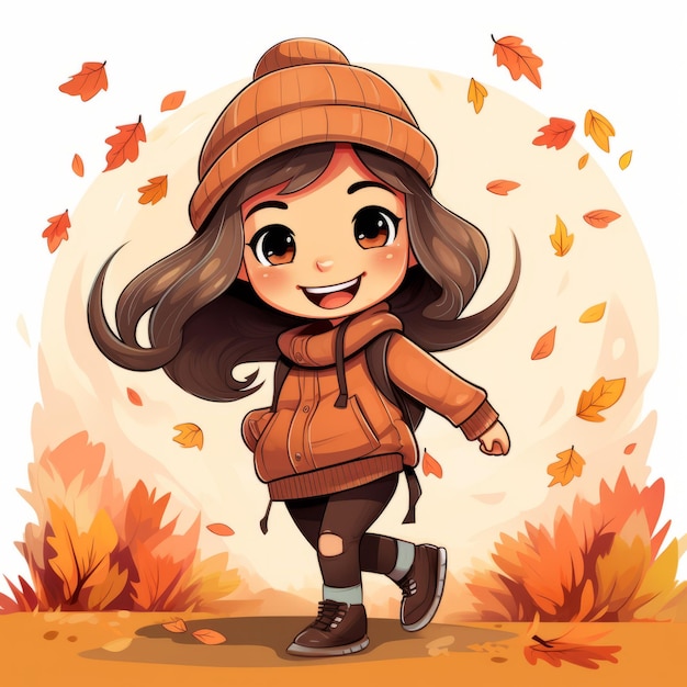 cartoon meisje loopt door herfstbladeren