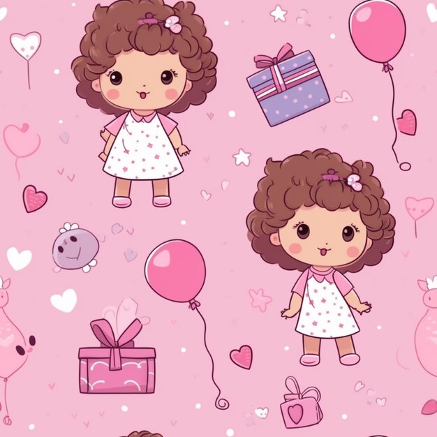 cartoon meisje met ballonnen en geschenken op roze achtergrond gegenereerde ai