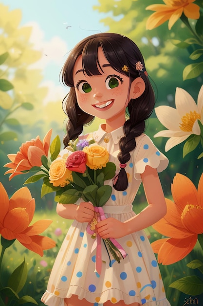 Foto cartoon meisje met bloemen anime stijl mooie glimlach wallpaper achtergrond illustratie