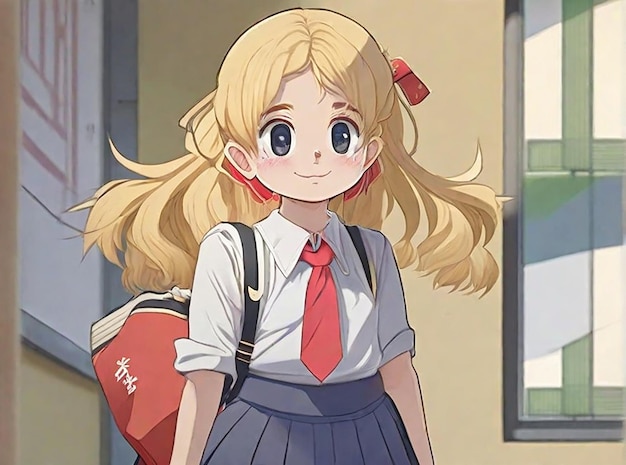 Cartoon meisje met blond haar in Japans schooluniform