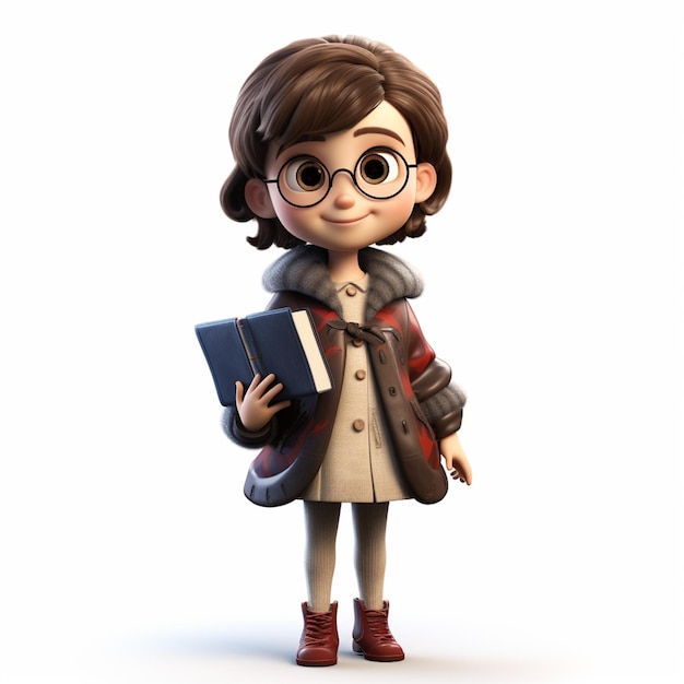 cartoon meisje met bril en een boek in haar handen generatieve ai