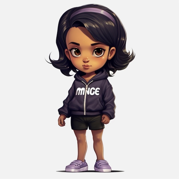 cartoon meisje met een hoodie en paarse schoenen staan voor een witte achtergrond generatieve ai