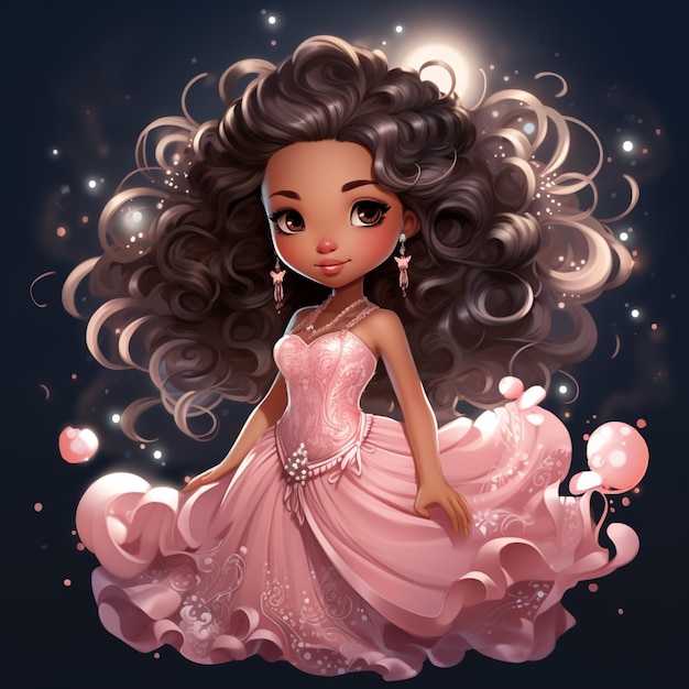 cartoon meisje met lang zwart haar, gekleed in een roze jurk generatieve ai