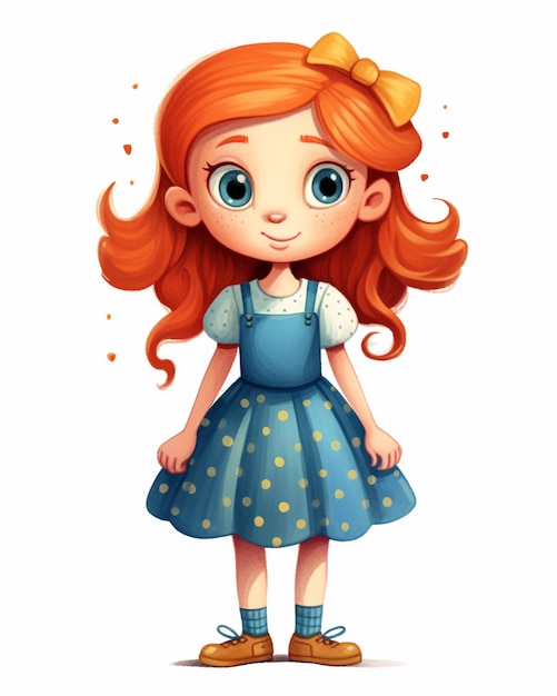 Cartoon meisje met rood haar en blauwe jurk staat voor een witte achtergrond generatieve ai