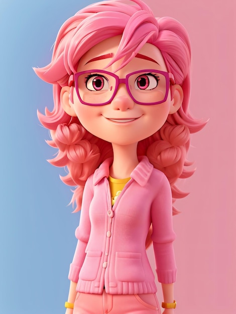 Cartoon meisje met roze haar en bril
