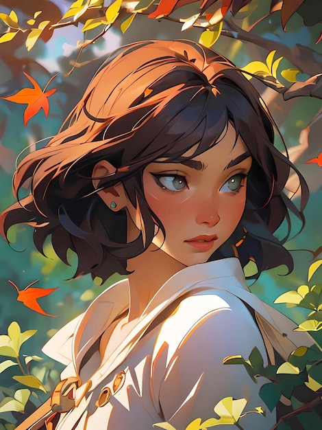 Cartoon Meisje met vallende bladeren Herfst