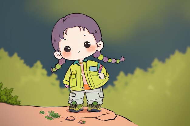 Cartoon meisje met vlechten versierd met haarpinnen speelt bos behang achtergrond illustratie