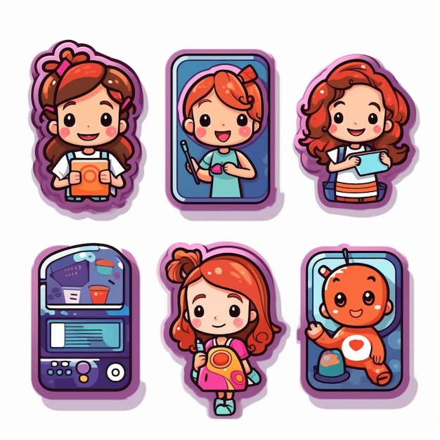 Cartoon meisje personage met verschillende mobiele apparaten generatieve ai
