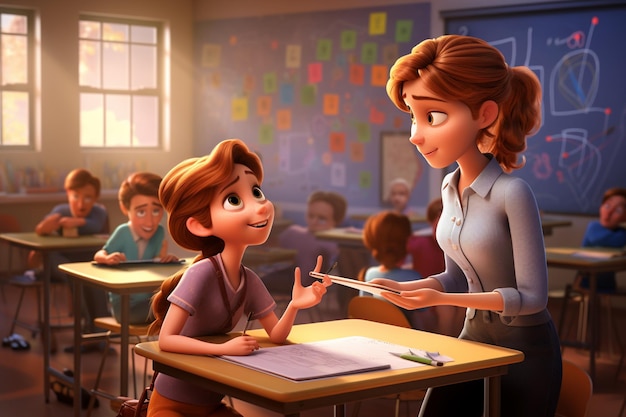 Cartoon meisje praat met een jongen in een klas generatieve ai