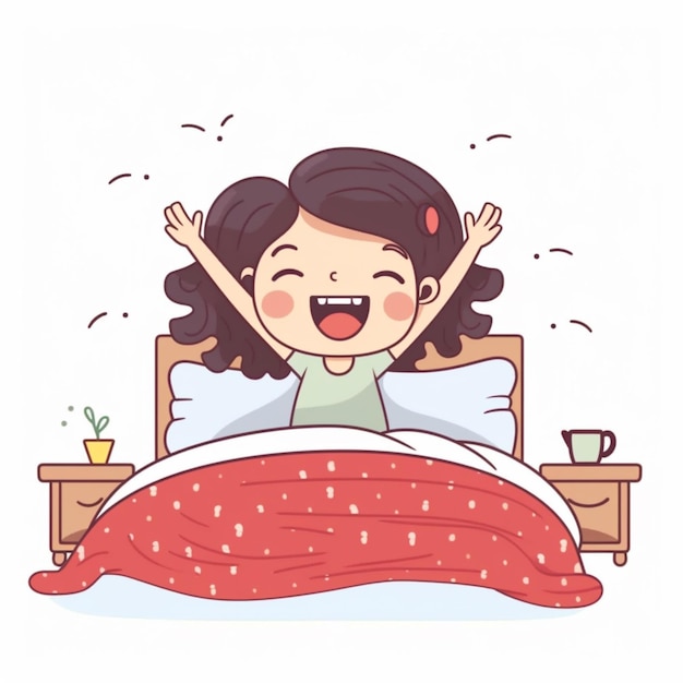 Cartoon meisje wakker in bed met haar armen omhoog en een kopje koffie generatieve ai