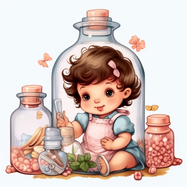 Cartoon meisje zit voor een fles met een plant erin generatieve ai