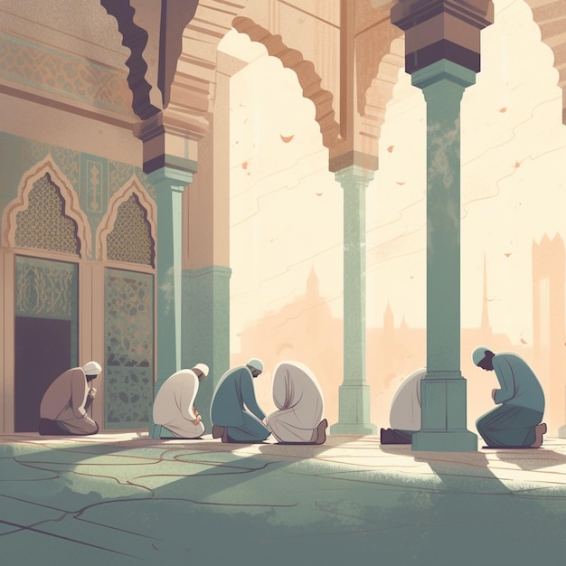 A cartoon of men sitting in a mosque with one of them wearing blue robes.