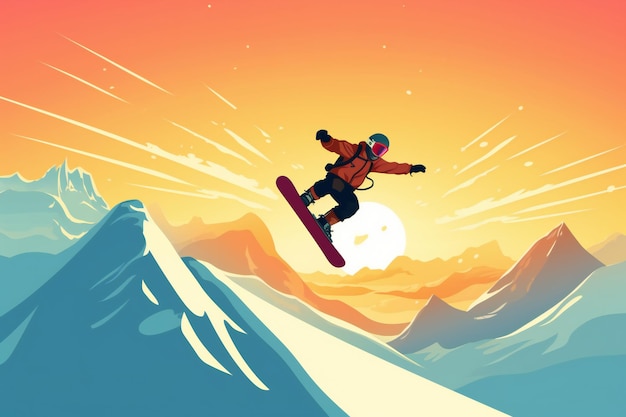 A cartoon of men snowboard extreme jumping mountain stunt adventure