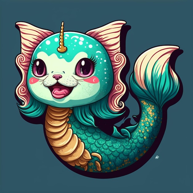 cartoon mermaid cat with a horn and a tail generative ai