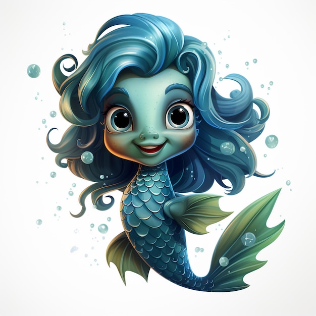 cartoon mermaid with blue hair and blue eyes and a green tail generative ai