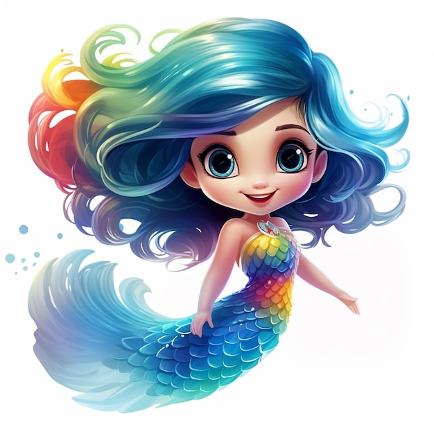 cartoon mermaid with blue hair and rainbow tail generative ai