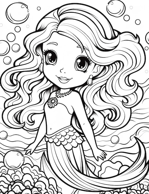 Photo a cartoon mermaid with long hair and a pearl necklace sitting on the ocean generative ai