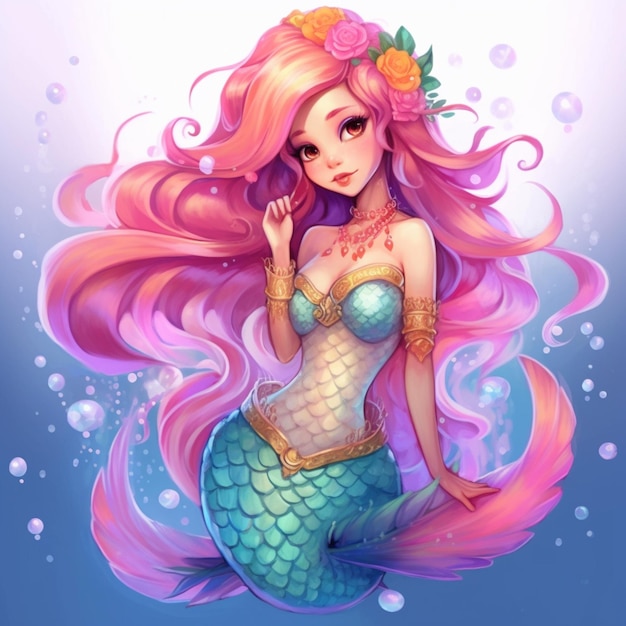 Premium Vector  Pretty mermaid with curly cyan hair and shiny cyan fish  tail and wearing shell crown retro anime style