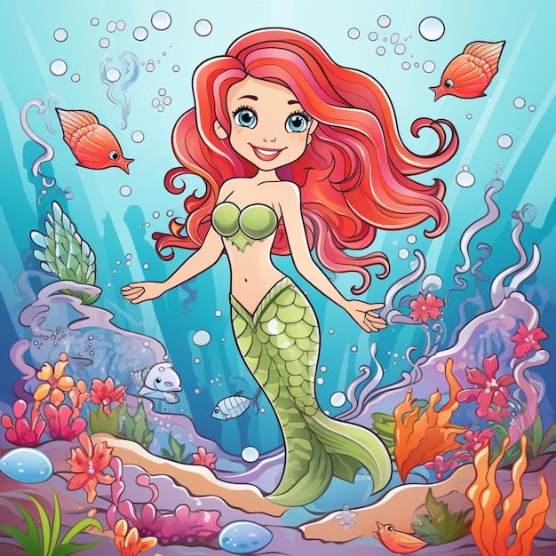 Cartoon mermaid with red hair and green dress in the sea generative ai