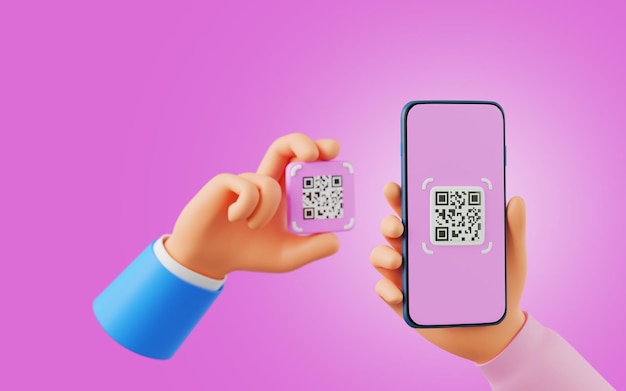 Cartoon met smartphone voor QR-code voor betaling of certificering valideer concept, 3D render