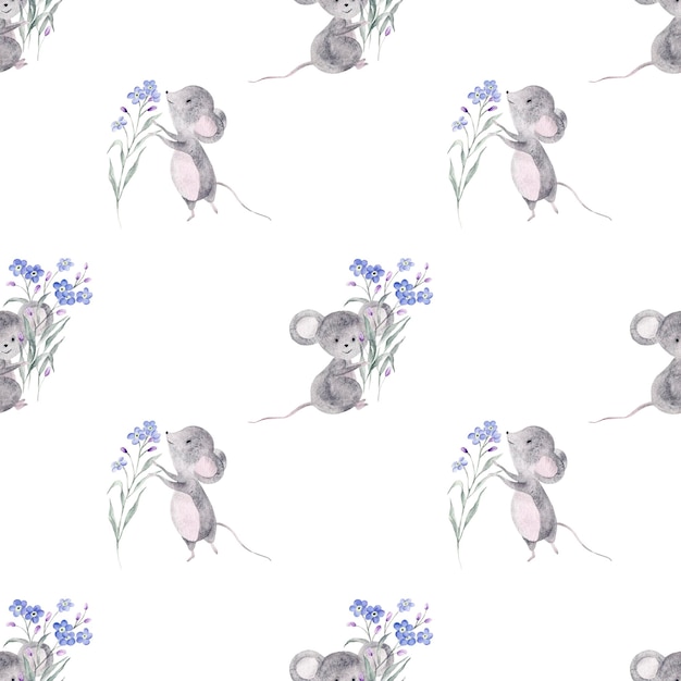 Cartoon mice watercolor illustration with forget me not Sute move Watercolor seamless pattern